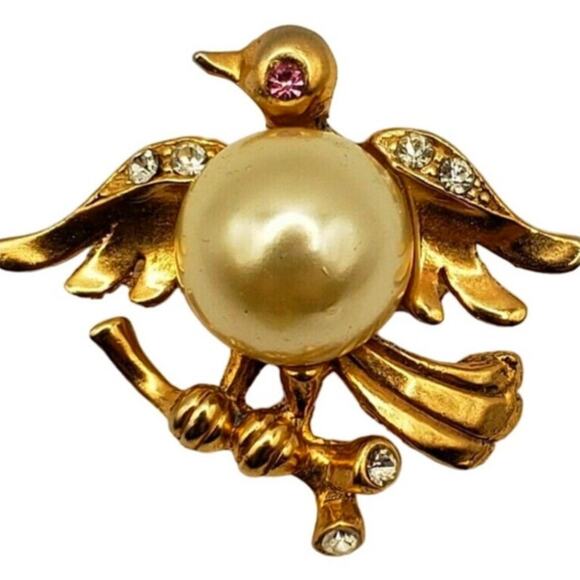 Retro Bird Pin Pearl Body Belly Brooch Gold Vermeil Animal Vtg Perched Branch - Picture 6 of 7